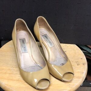 Jimmy Choo Women's Tan patent Peep-Toe two toned Heels